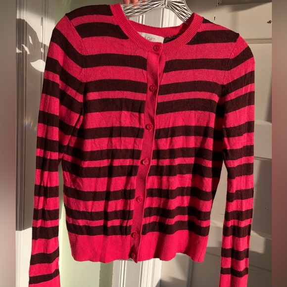 LOFT Ribbon Stripe Crewneck Cardigan Sweater Pink, Brown Rabbit Hair blend M - Picture 1 of 6
